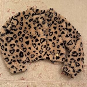 deux par deux Girls Faux Fur Leopard Cropped Jacket - Tan & Black
